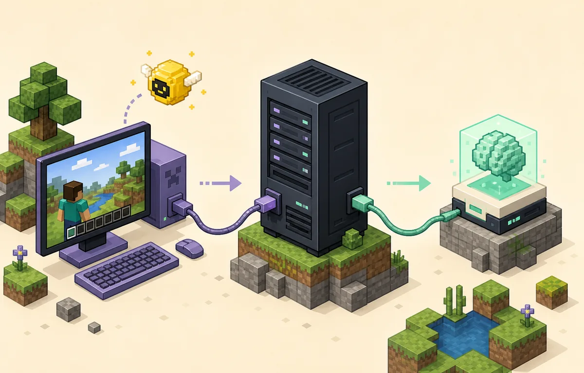 Schéma conceptuel d’un client Minecraft, d’un serveur Aternos et d’un service IA séparé