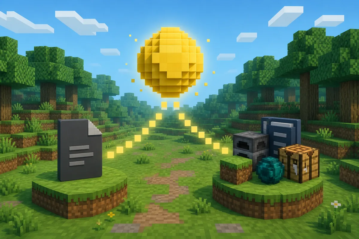 Redaktionelle Illustration eines einzelnen Minecraft-Modfiles neben einer gebündelten Modpack-Installation mit gelber Verity-Kugel